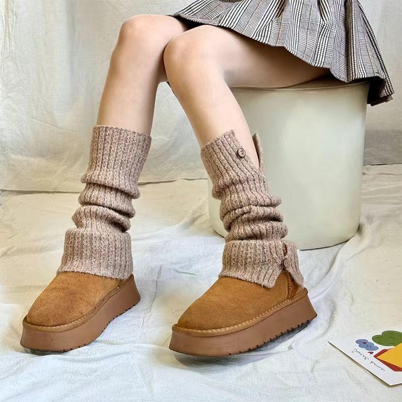 Autumn Winter Solid Color Snow Boot Button Leg Warmers Vintage American Slouchy Leg Warmers Knitted Open JK Patchwork Mid-calf Socks