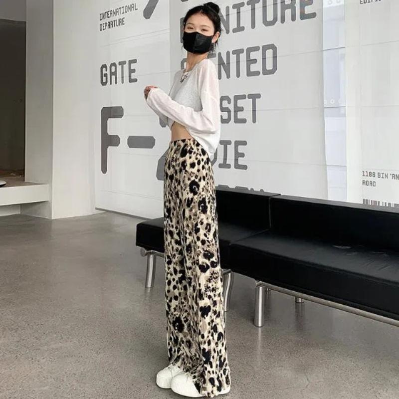 Leopard Print Wrinkled Wide Leg Women's Summer New Patchwork Tie Dye Elasticized High-waisted Loose Straight Casual Pants