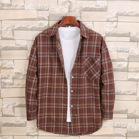 Men Autumn Shirt Plaid Print Contrast Colors Turn-down Collar Lapel Korean Style Single-breasted Loose Pocket Soft Patchwork Spring Shirt Daily Wear
