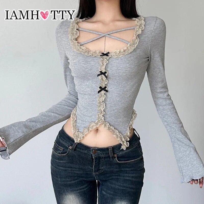 Crop Top Maniche Lunghe Donna Y2K | Scollo Quadrato In Pizzo Patchwork | Slim Fit Autunno, Vintage