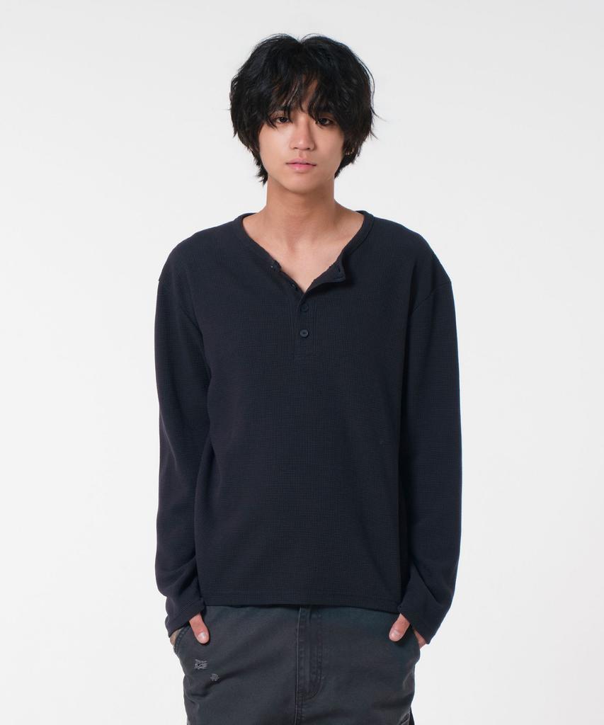 DIVEIN Uniform Waffle Henley Neck Long Sleeve (Navy)