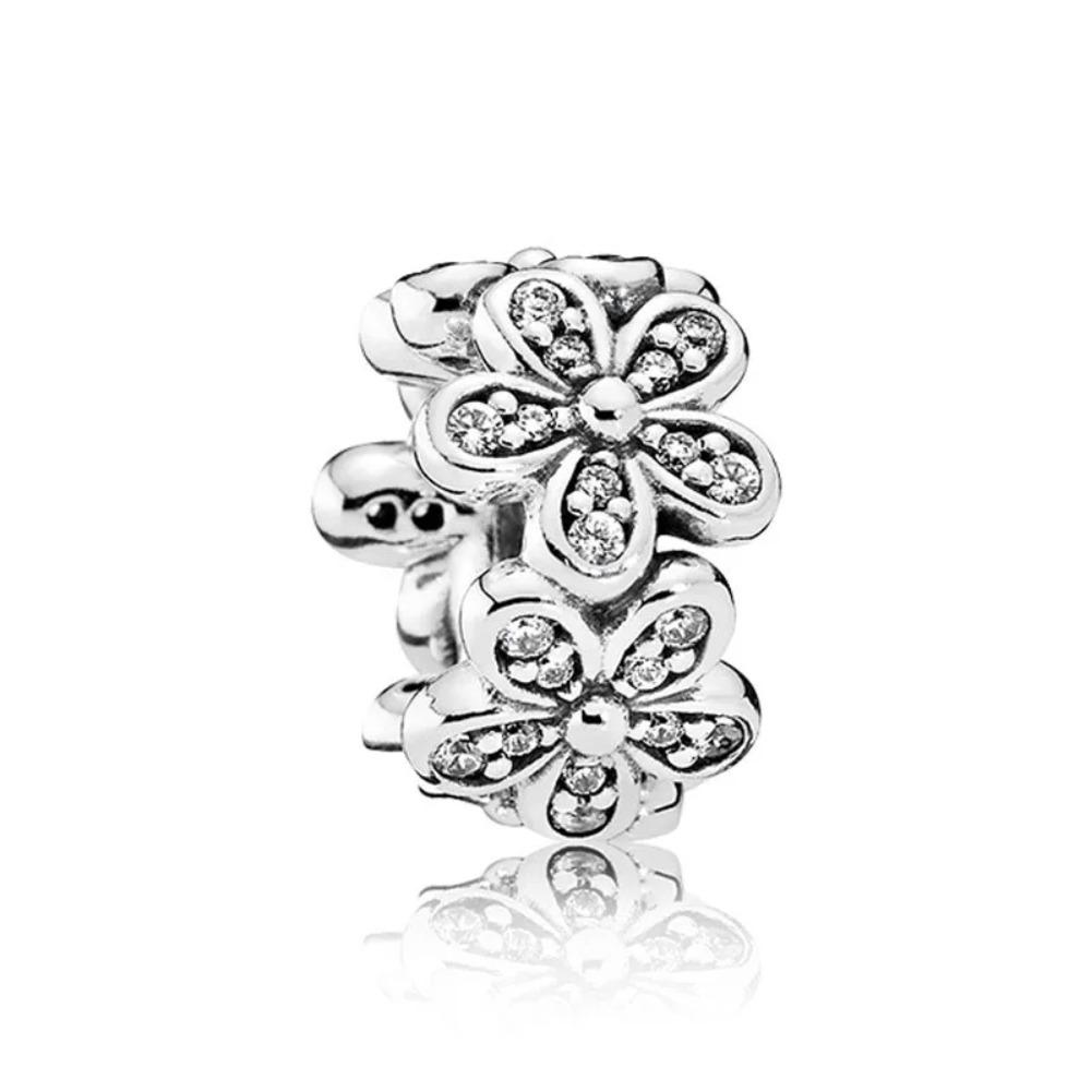 New Shining Zircon Love Heart Spacer Bead 925Silver Pendant for DIY Bracelet Flower Charm Women Jewelry Making