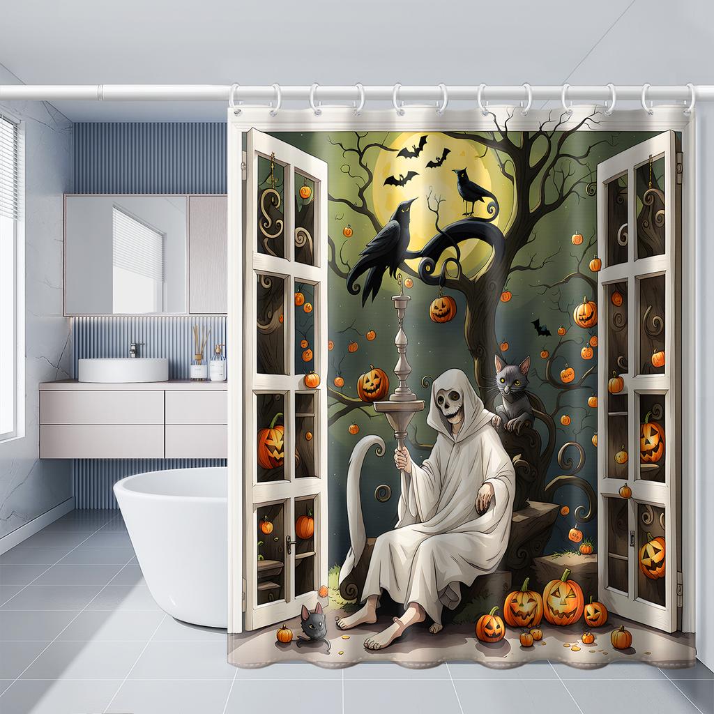 1pc Simulated Window Pumpkin Tree Halloween Bat Shower Curtain with Plastic Hooks, Decorated In Autumn and Winter Style