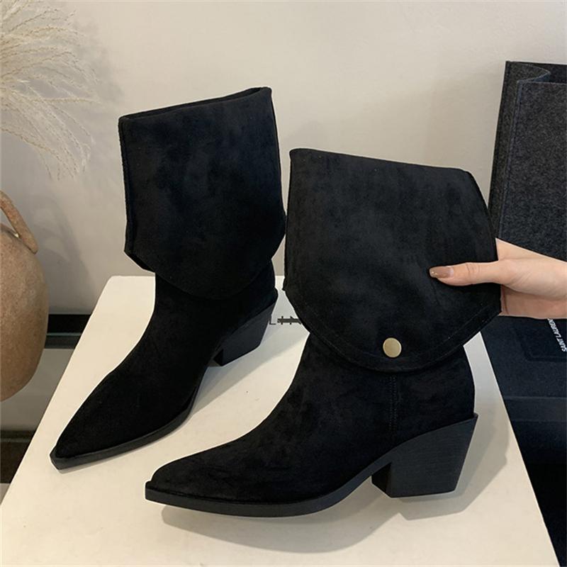 Eilyken Winter Designer Pointed Toe Women Knee High Boots Fashion Square Heels Buckle Fold Short Shoes Botas