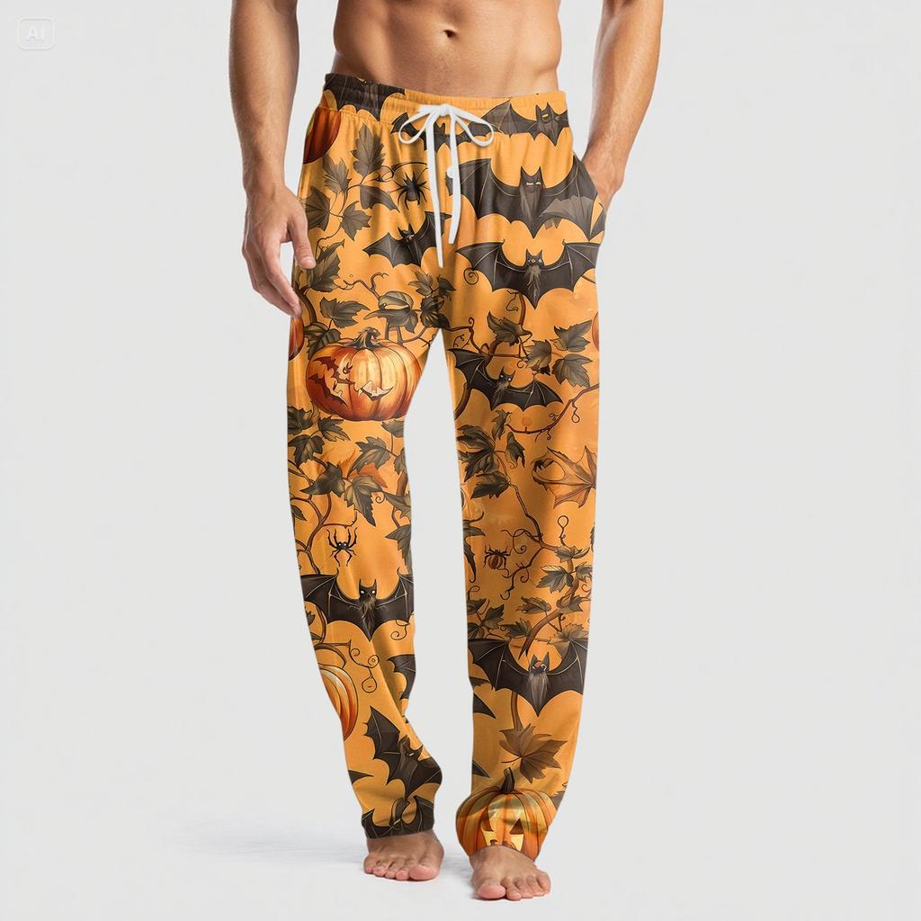 Pánské pletené ležérní kalhoty s kapsami a halloweenským potiskem, pyžamové kalhoty