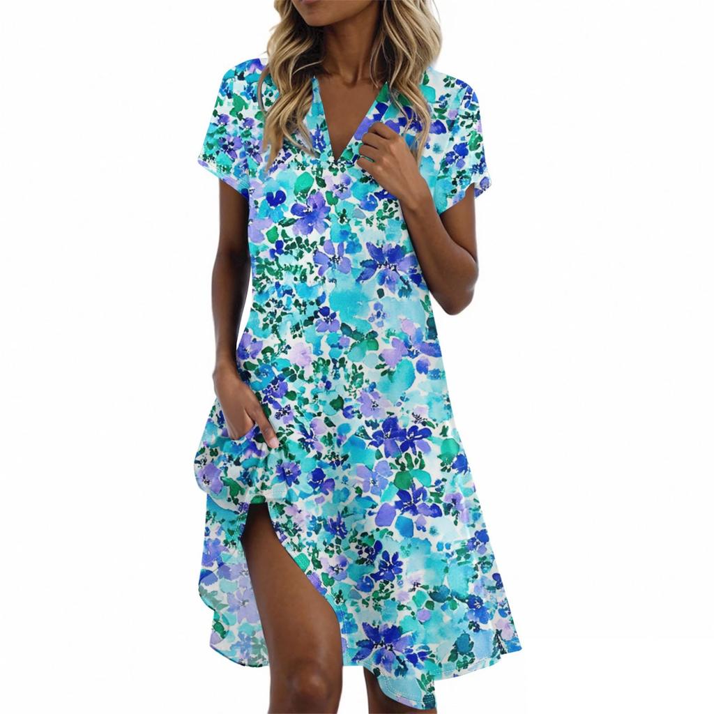 Ladies Casual Fashion Stand Collar Floral Print Short Sleeve Dress