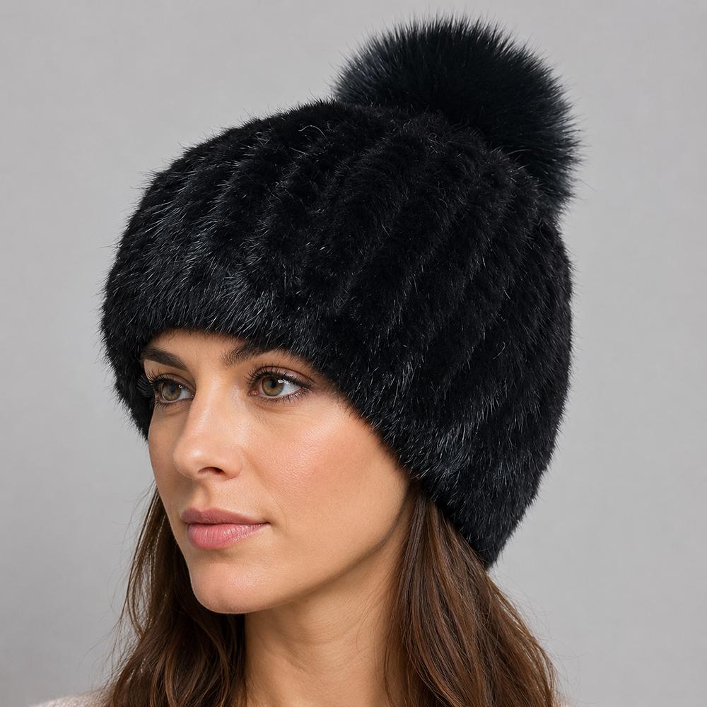 Winter Women Natural Mink Fur Hat Hand Knitted Warm 100% Genuine Mink Fur Cap Russia Lady Real Mink Fur And Fox Fur Pompoms Hats