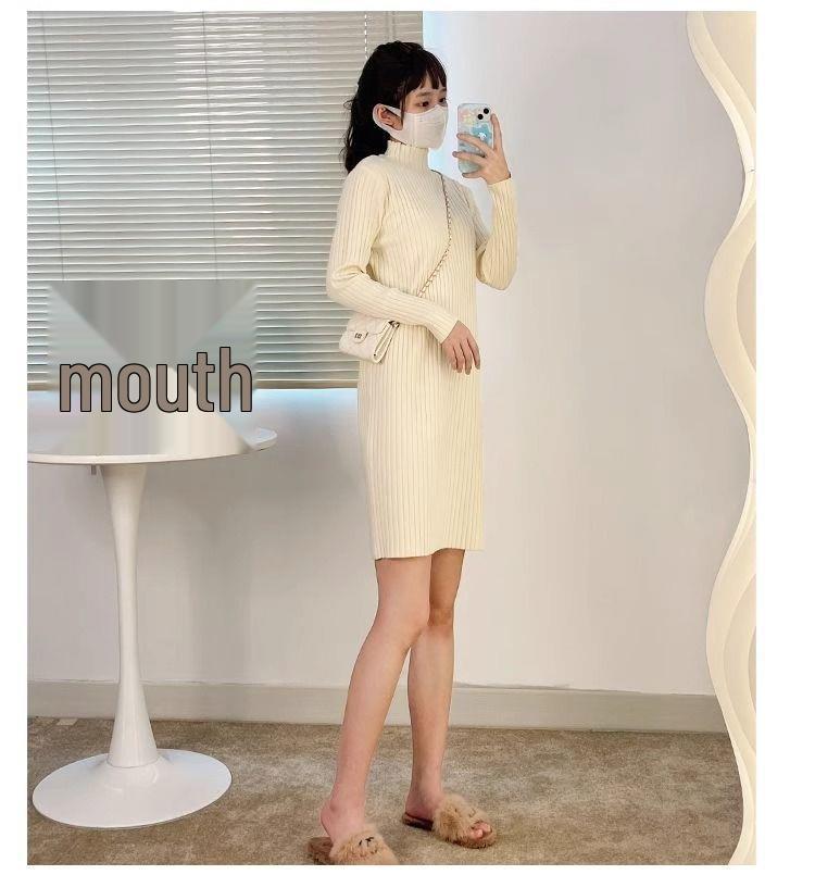 2025 Autumn/Winter Knit Dress: Slim-Fit Half-High Collar, Stylish Mid-Length Over-the-Knee Coat Dress.