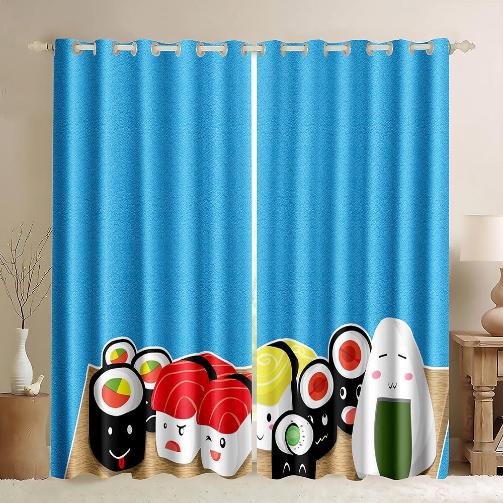 Funny Japanese Food Sushi Print Curtains for Kids Living Room Bedroom Kitchen Window Drape Right Biparting Open Drapes 2 Panels