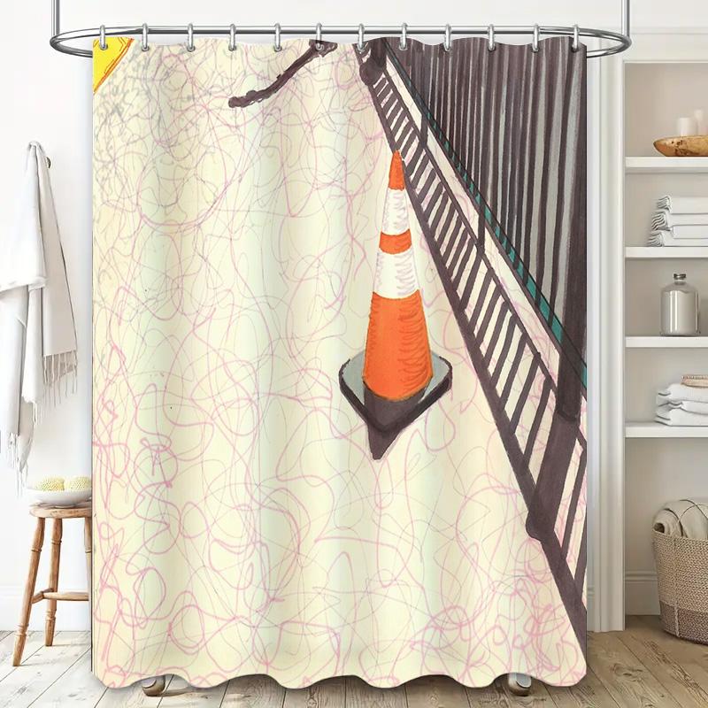 Bathroom Shower Curtain Cone Traffic Safety Pattern Waterproof Decor Home Textile Washable Liner