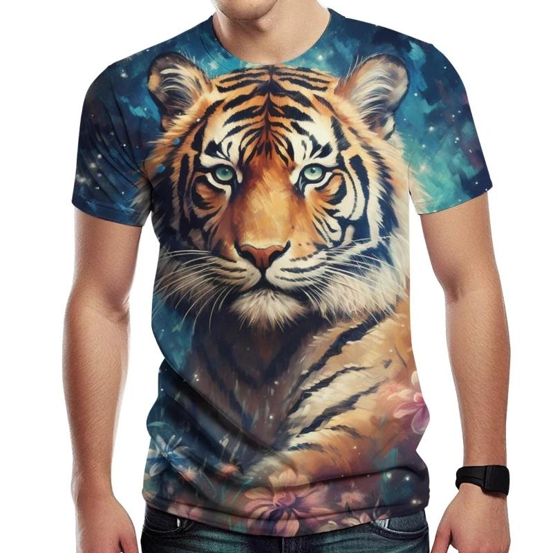 3D Tiger Printed Short Sleeve Crew Neck Men's T-shirts Breathable Stretch Casual Fashion Tee Outdoor Party Weekend Wear Tops