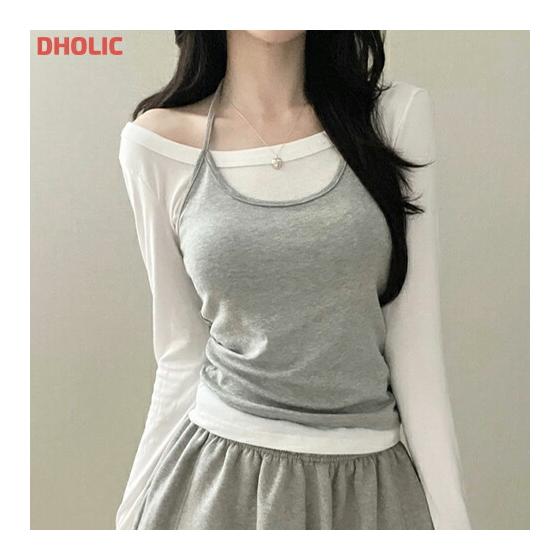 sete Women s Korean Fashion Setup Unsample Tops Long Sleeve Cropped Halter Neck One Shoulder Stretchy Slim Sexy Girly Casual Spring Autumn SSNEED