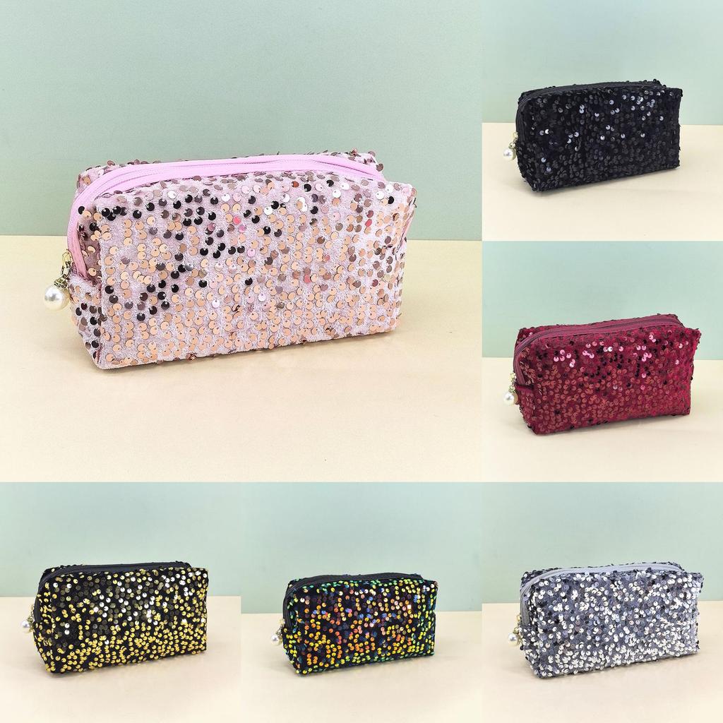 Velvet Sequin Makeup Bag With Large Capacity For Travel And Daily Use
