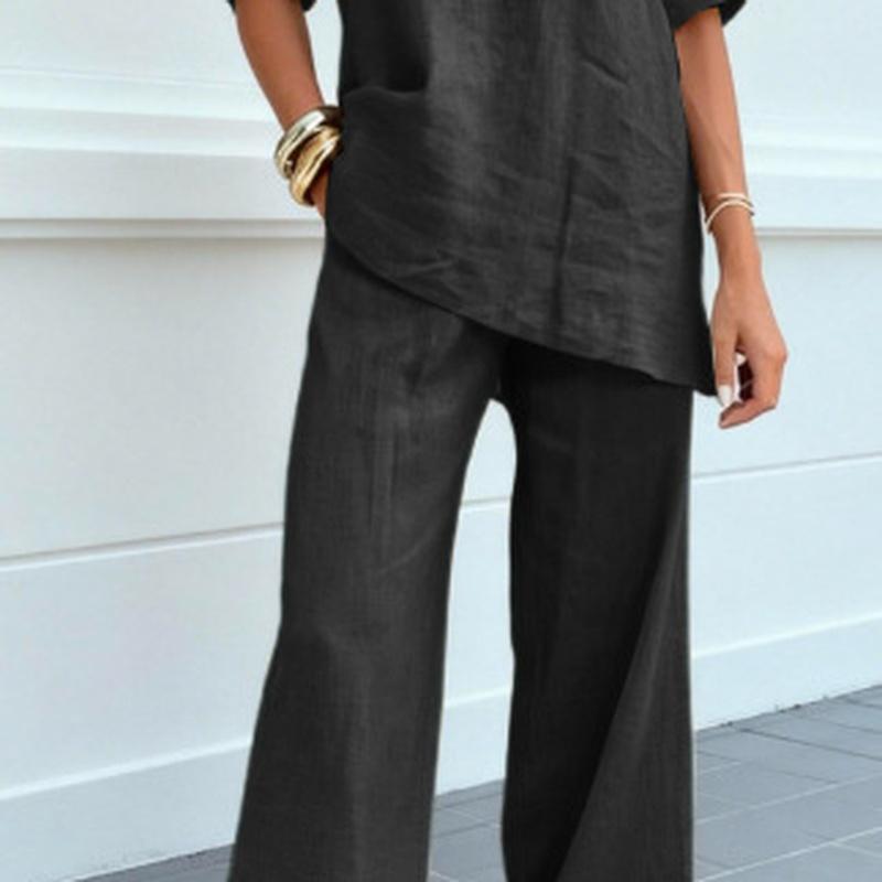 Completi da Donna in Lino a 2 Pezzi Manica 3/4 Scollo a V Pantaloni a Gamba Larga Abiti da Spiaggia Viaggio