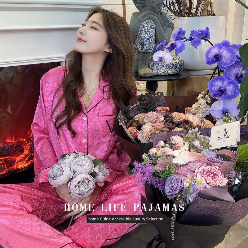 

Yang Mi Same Style Big V Weijia Rose Red Moonlight Satin Pajamas Women s Spring and Summer Long sleeve Trousers Home Wear Set Rose Red L