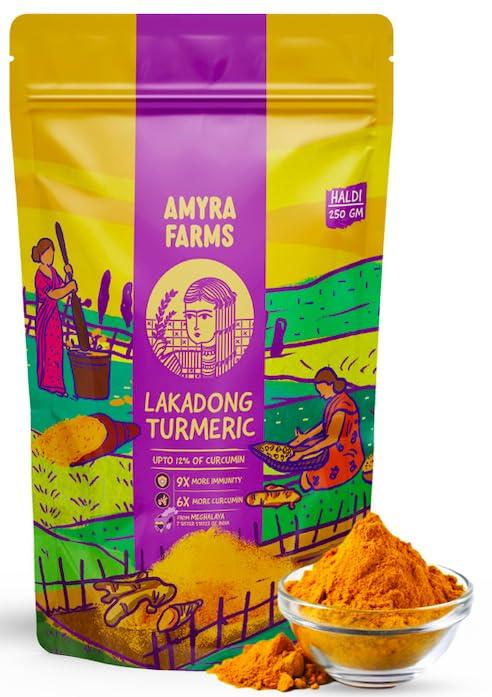 Amyra Farms Lakadong Turmeric Powder - 250g Pure Organic Turmeric Powder from Meghalaya - For Cooking, Eating, and Skin - High Curcumin Haldi (Up