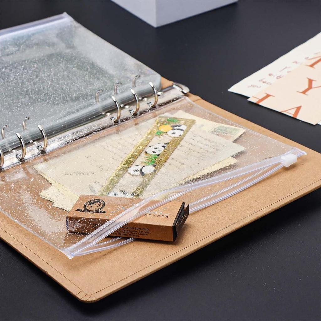 10pcs A5 Cash Stuffing Envelopes Zipper Binder Pockets Clear Glitter PVC 6 Hole Zip Sleeves Loose Leaf Pouches for 6 Ring Binder Planner (A5 5.91" x
