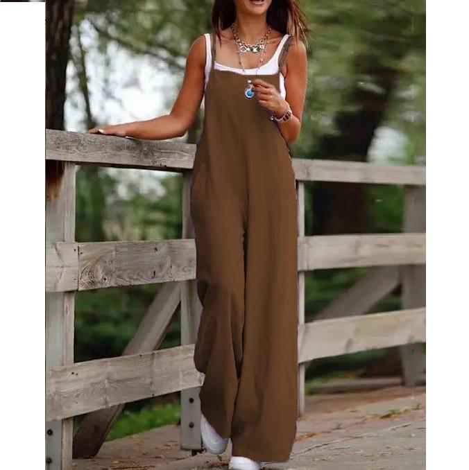 Summer Solid Color Women's Casual Pocket Suspender Jumpsuit