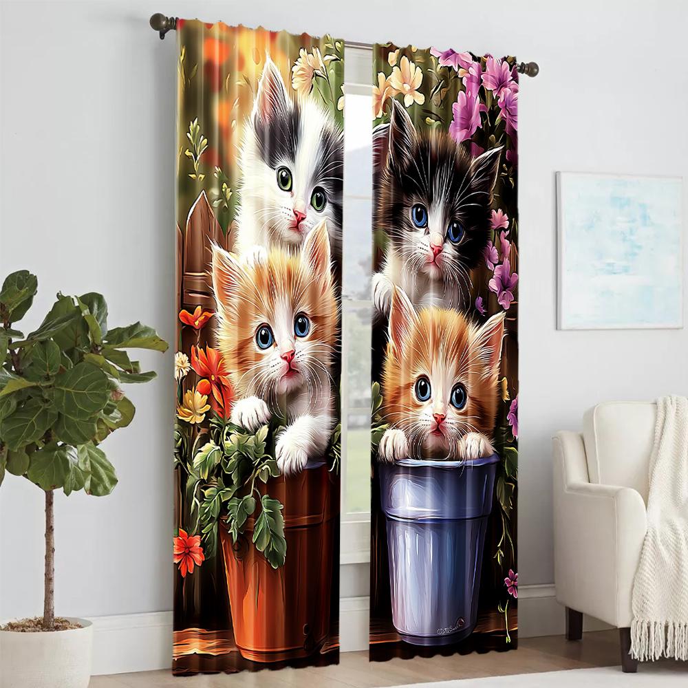 2Pcs Kitten Flower Window Curtains For Bedroom And Living Room Rod Pocket Polyester Material Drapes For Office Study Home Decor