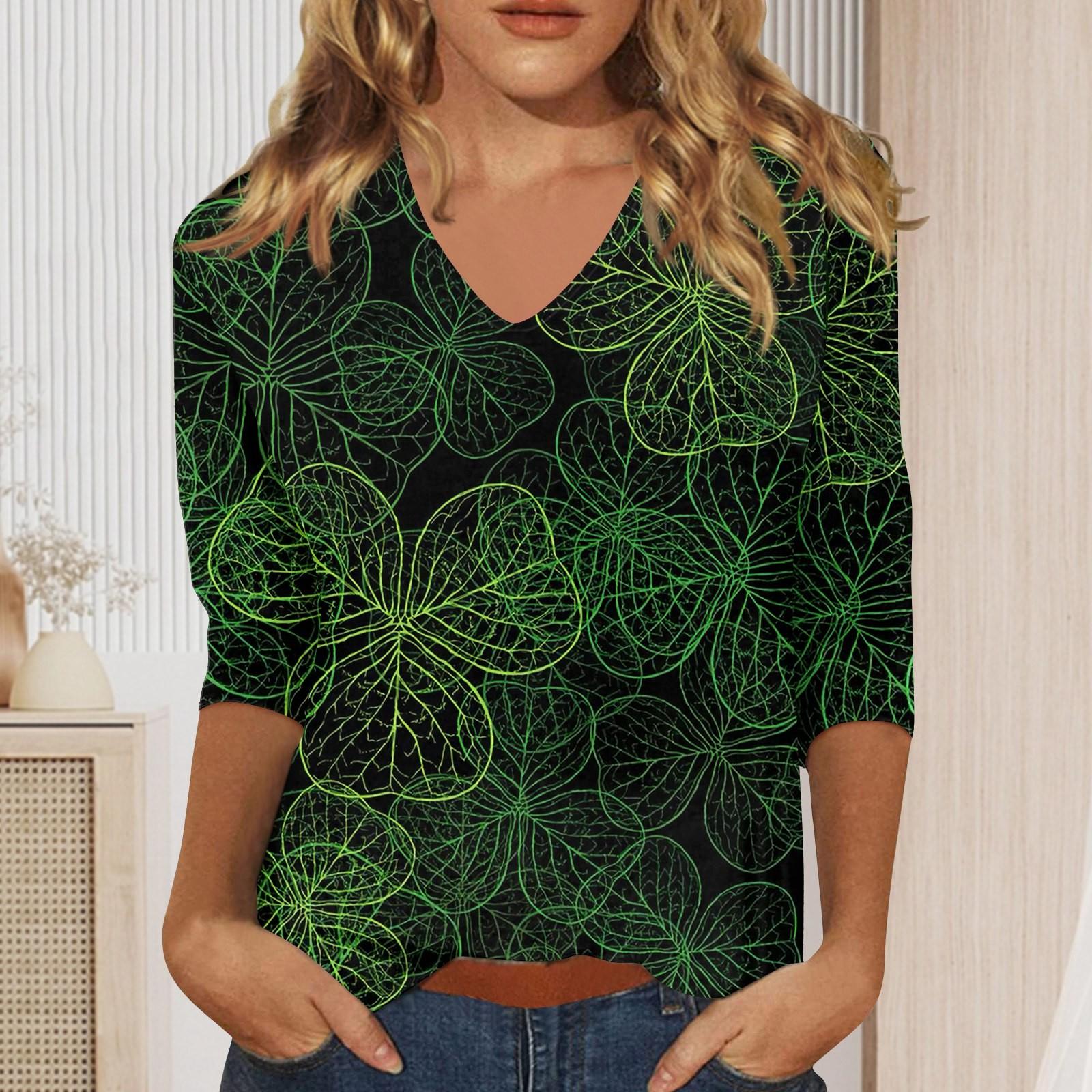 

Женская мода на каждый день Повседневная футболка с v-образным вырезом и семиточечным рукавом с принтом Топ L