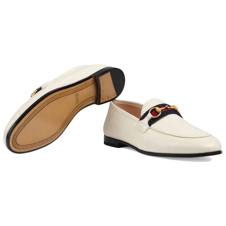 Gucci Slip On Loafer With Web White Leather Women's 631619 CQXM0 9065