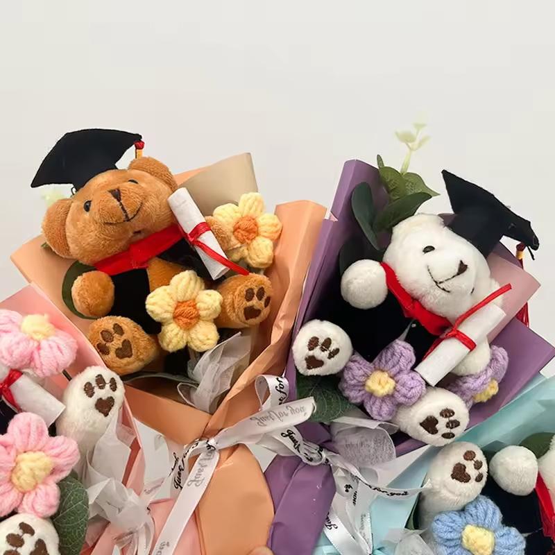 Mini Dr Bear Flower Bouquet Artificial Flowers Mother'S Day Gift Flowers Handmade Knitting Flower For Graduation Birthday Decor