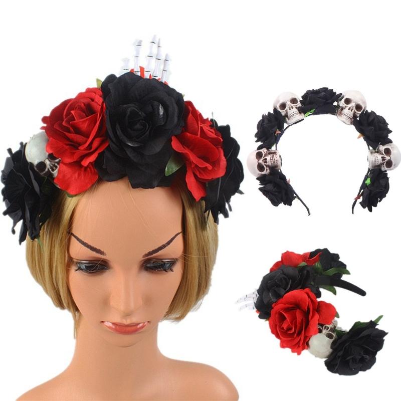 White Vintage Skulls Headdress Rose Headwear for Girls Halloween Hair Hoop Cosplay Ghost Rose Hair Hoop