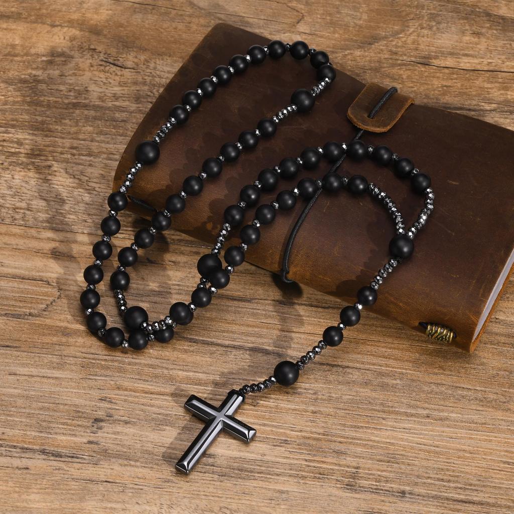 Mprainbow Mens Cross Rosary Necklaces, Hematite Pendant with 70cm Black Beaded Long Chain, Religious Faith Prayer Jewelry