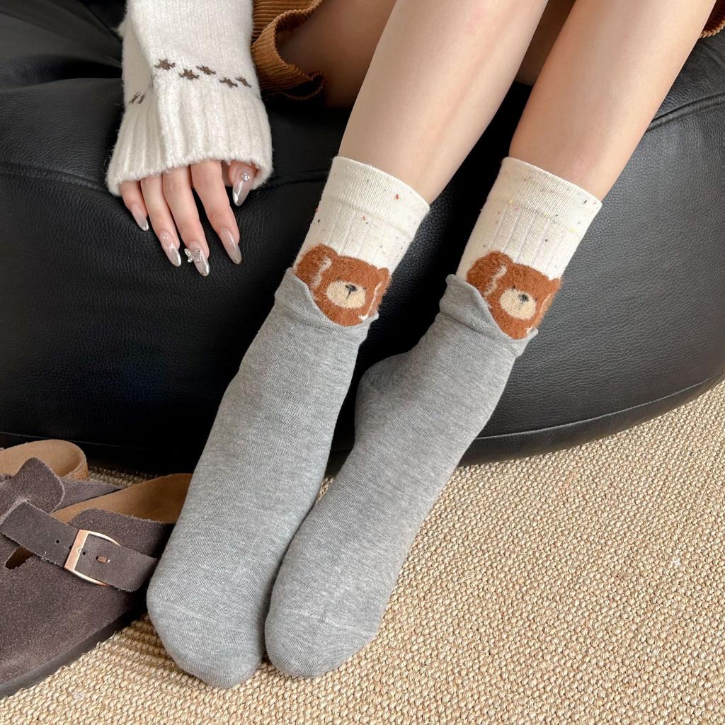 Ladies Autumn Winter Cotton Color Matching Cute Cartoon Tube Pile Socks