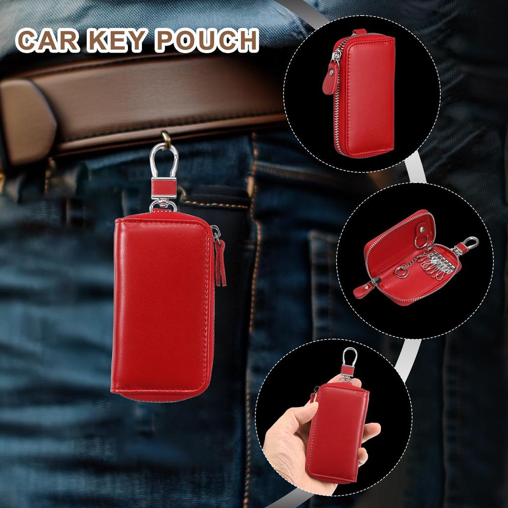 Genuine Leather Keychain Car Key Coin with 6 Metal Key Zipper Red [uxcell] 2-Piece Case, Case, Purse, Hooks, Ring, Bag, Men's & Women's,