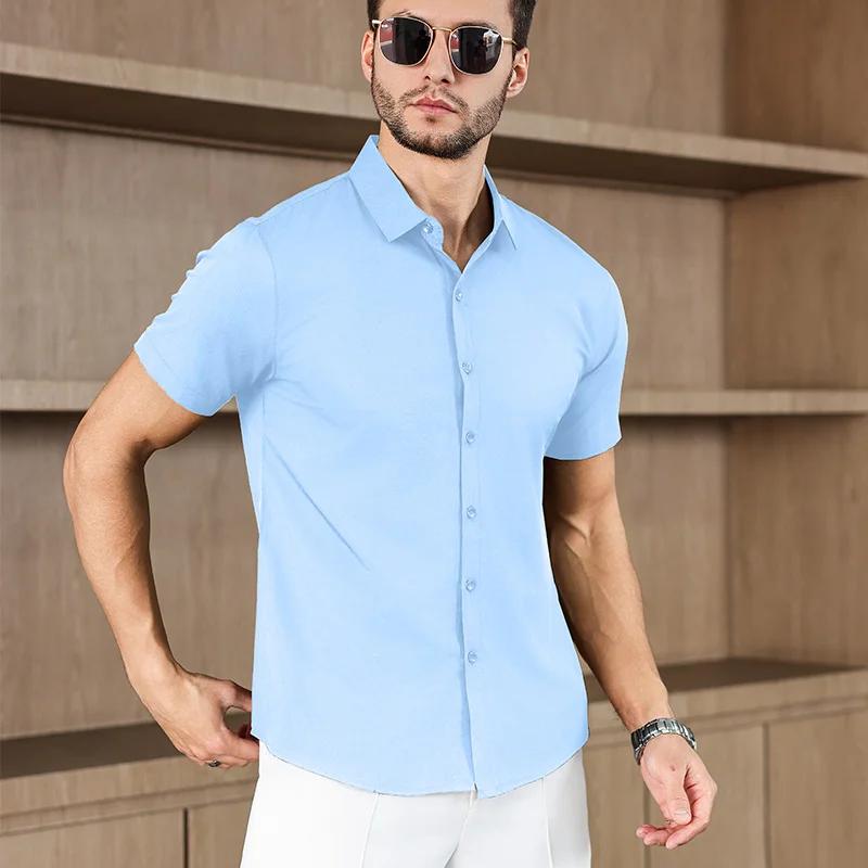 Men's Business Casual Solid Color Short Sleeved Shirt for Summer Fashion No Ironing Comfortable and Versatile Top
