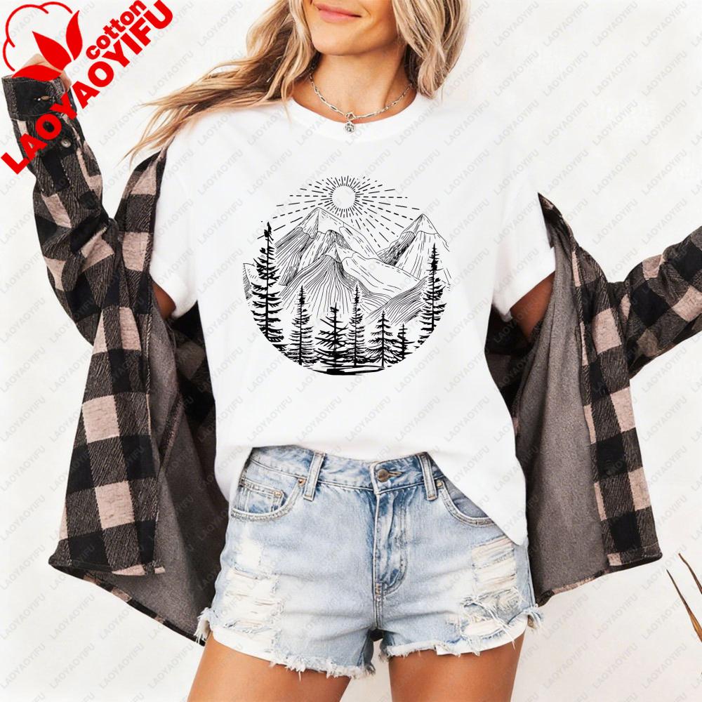 T-shirt da Donna Foresta Montagna Sole Cotone Manica Corta Top Casual Moda Top Estivo Outdoor T-shirt con Fantasia Classica