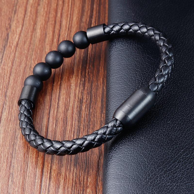 Titanium Steel Man Chakra Jewelry Wholesale Stainless Steel Men's Black Leather Volcanic Beaded Braclets Stone Leather Bracelets