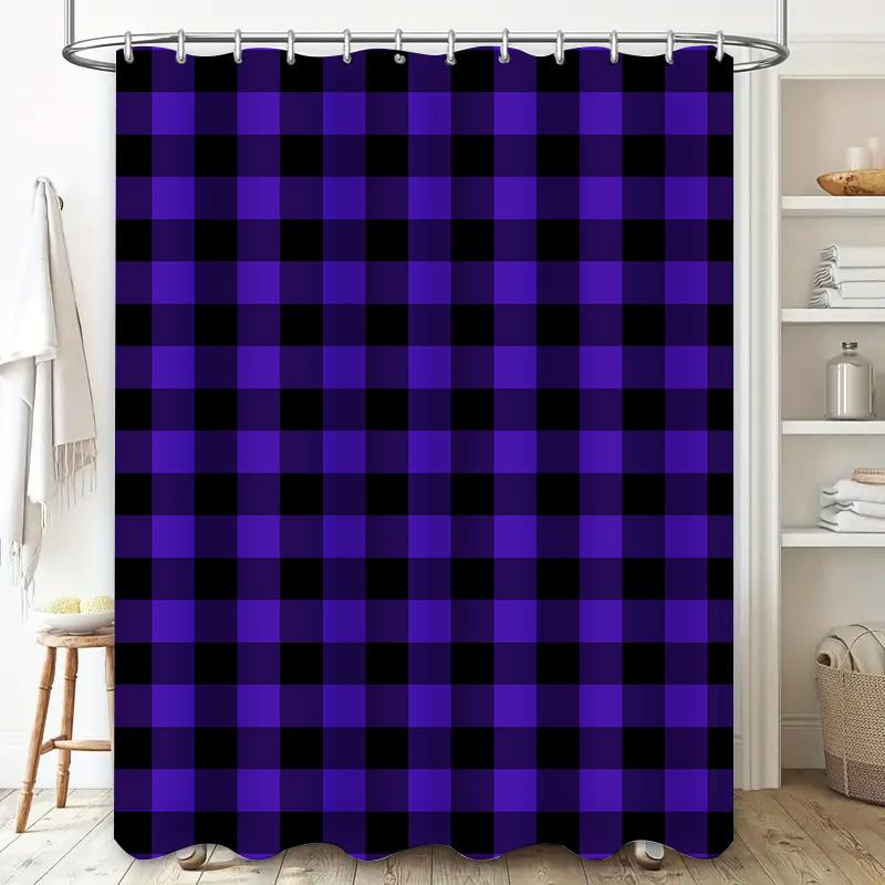 Modern Plaid Shower Curtain Waterproof Home Decor Purple Black Checkered Bath Rug Design Easy Install Shower Drapes for Bathroom