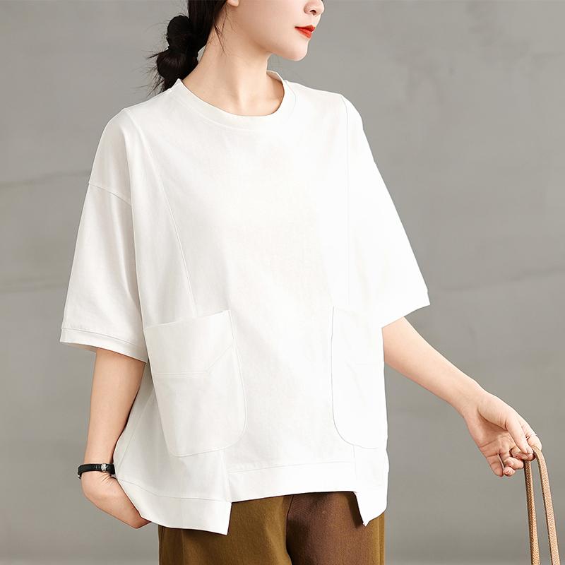 

DIMANAF 2025 Летняя футболка больших размеров для женщин, повседневная, с карманами, однотонная, с коротким рукавом, свободные топы One Size белый