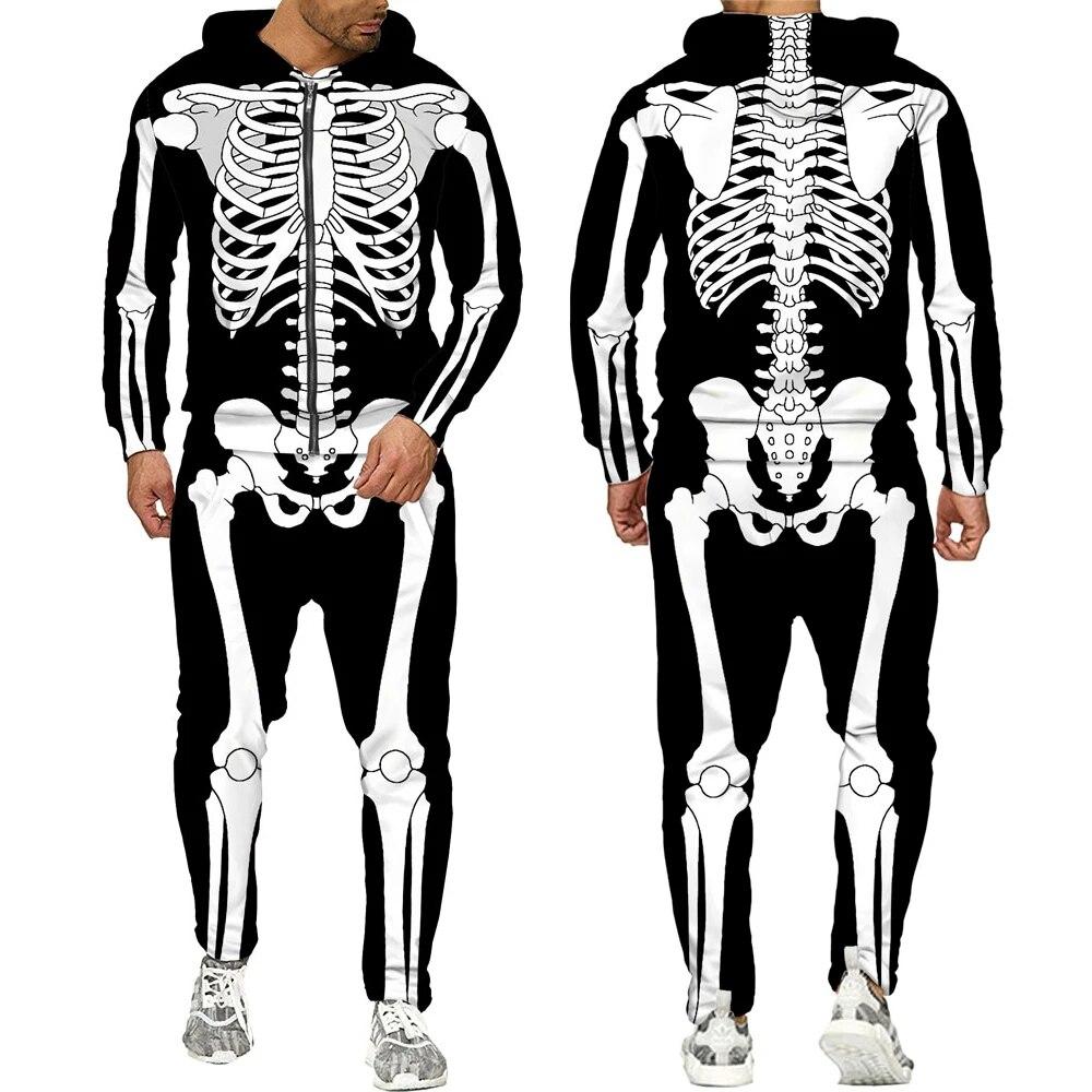 Halloweeen Cosplay Scheletro Splanchna 3D All Over Print Tute con cerniera Felpa con cappuccio da uomo Pantaloni 2 pezzi Set Abiti streetwear