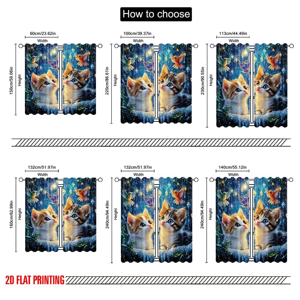 2pcs,2D Plane Printing Popular Curtains Enchanted Kittens Polyester Fabric (without Rod) Festive Perfect for Living Room,