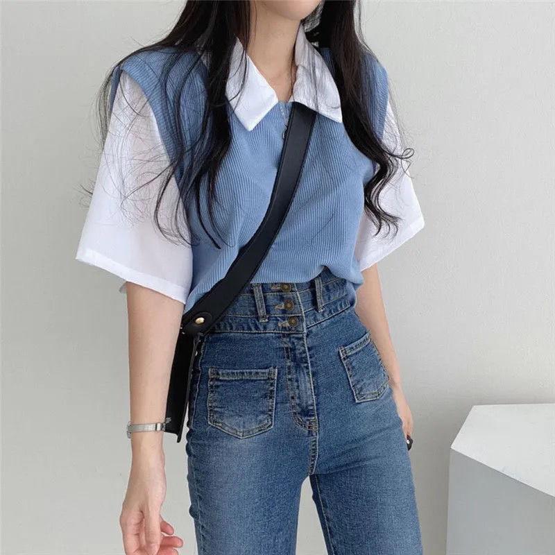 Women's Summer Color-Blocked Polo-Neck Preppy Short-Sleeve T-Shirt: Relaxed-Fit Casual Top
