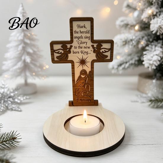 Desktop Decorative Crafts Wooden Candle Holder, Praying Angel Tabletop Tealight Stand, Religious Christmas Atmosphere Supplies Candlestick for Mantel,