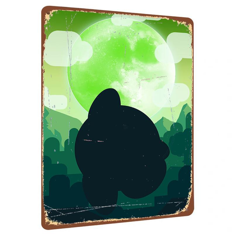 

Cartoon Cat Looking Up at Green Moon Silhouette Metal Wall Art Home Decor for Living Room Bedroom 20x30cm（7.8x11.8inch）