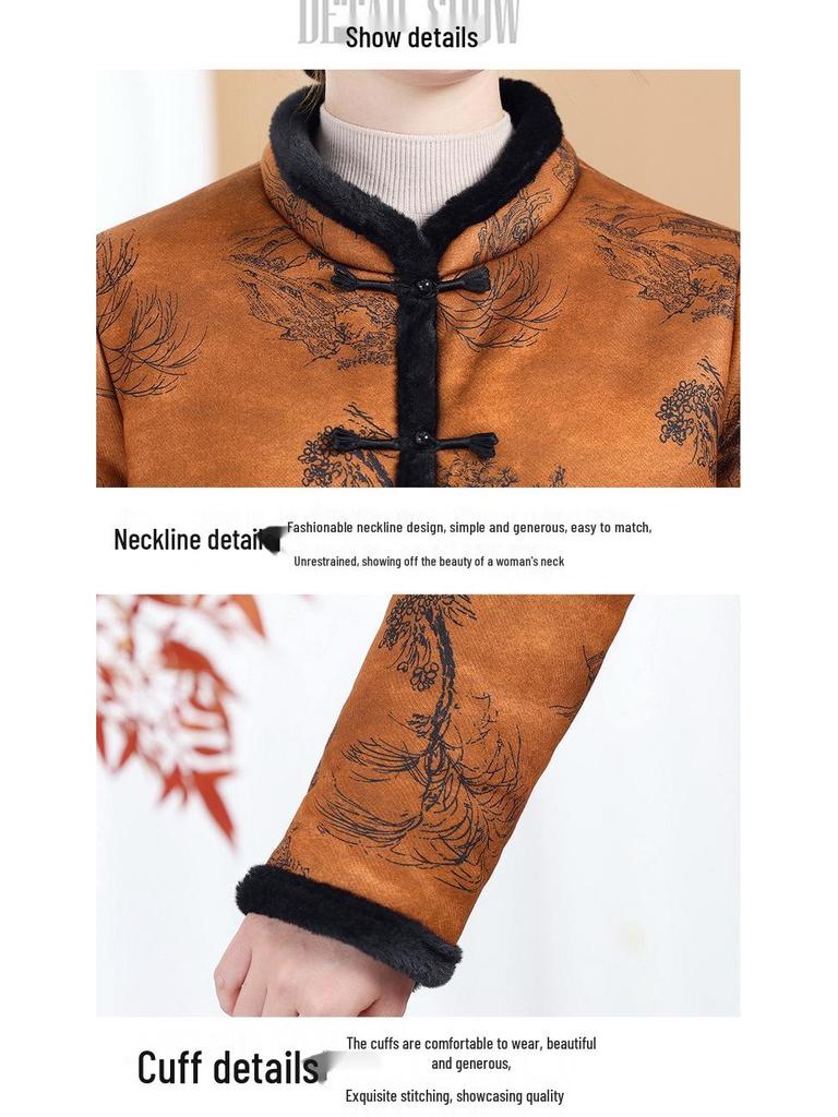 New Women's Velvet Cotton Jacket - Mid-Aged Winter Outerwear with Frog Buttons, Padded and Thickened for Warmth, Chinese Style