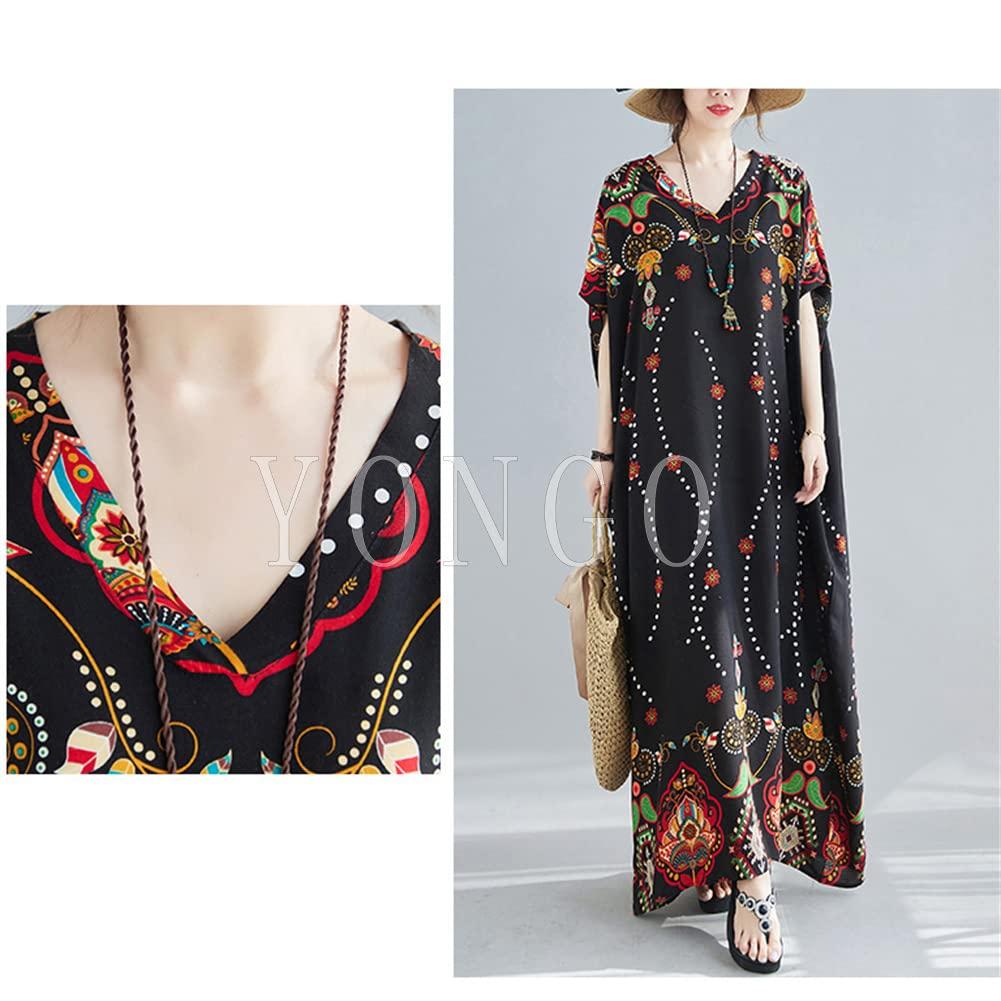 YONGO Maxi Long Short Loose Floral Plus Ethnic Resort Dress Women's Dress, Summer, Length, Sleeves, Fit, Print, V-Neck, Size, Retro, Style, (Free