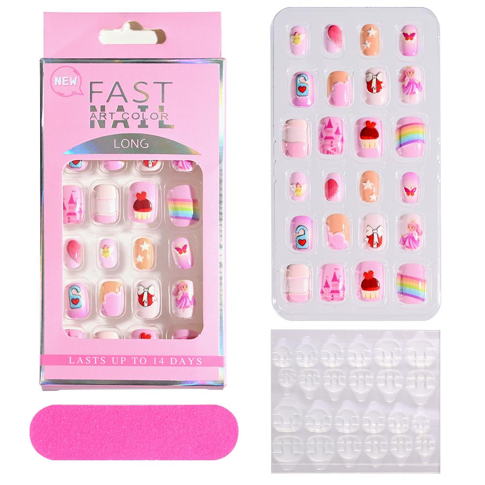 24pcs/box Candy Kids False Nail Cartoon Full Cover Press On Fake Nails Tips Kawaii Acrylic Artificial Fingernails for Girls