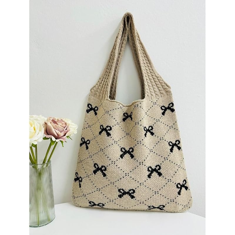 [Qicarkey] fashion bowknot pattern crochet tote bag aesthetic bag summer beach/travel bag large capacity Y2K fairy grunge ladies Hobo bag (Khaki with