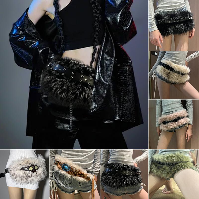 1 Peça Cós de Vaca Peludo para Boate Corrente de Cintura de Pelúcia Cinto Punk de Inverno Y2K Contas de Metal Vintage Peludo Sexy Cintos de Pele Sintética Moda