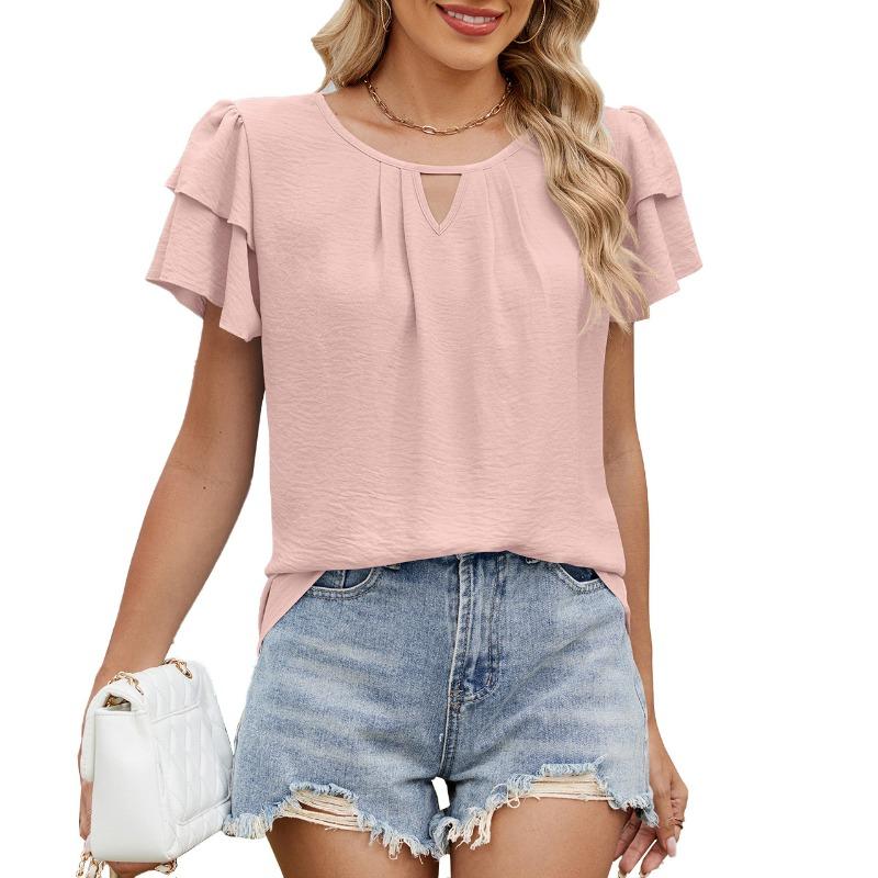 Spring Summer Solid Color V-neck Hollow Double-layer Sleeves Loose Chiffon T-shirt for Women Shirt