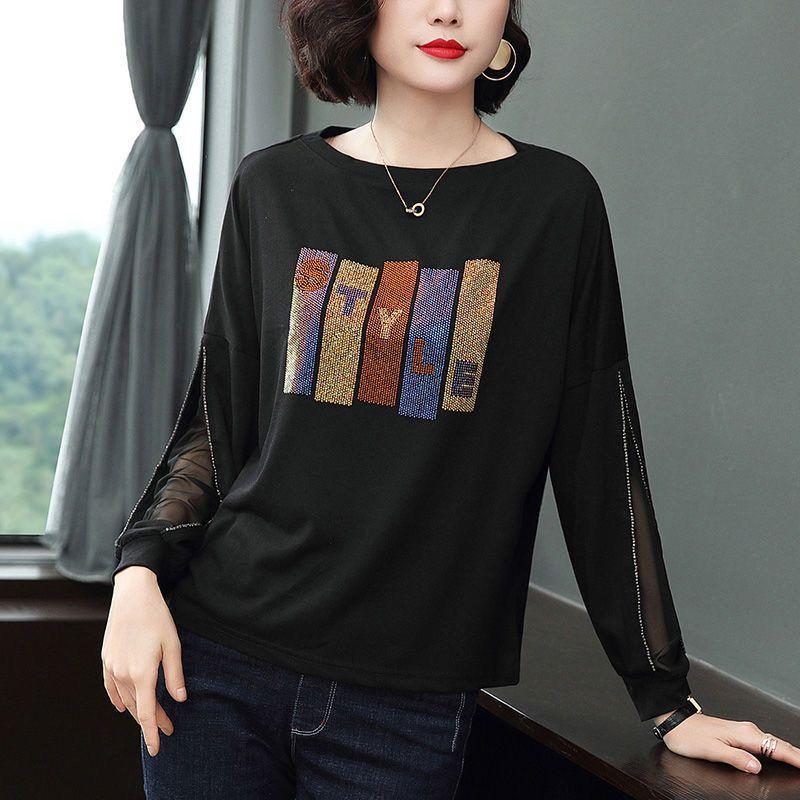 New Spring and Autumn Fashion Commuting Simple Round Neck Hot Diamond Design Feel Sleeves Loose and Casual Oversize T-shirt