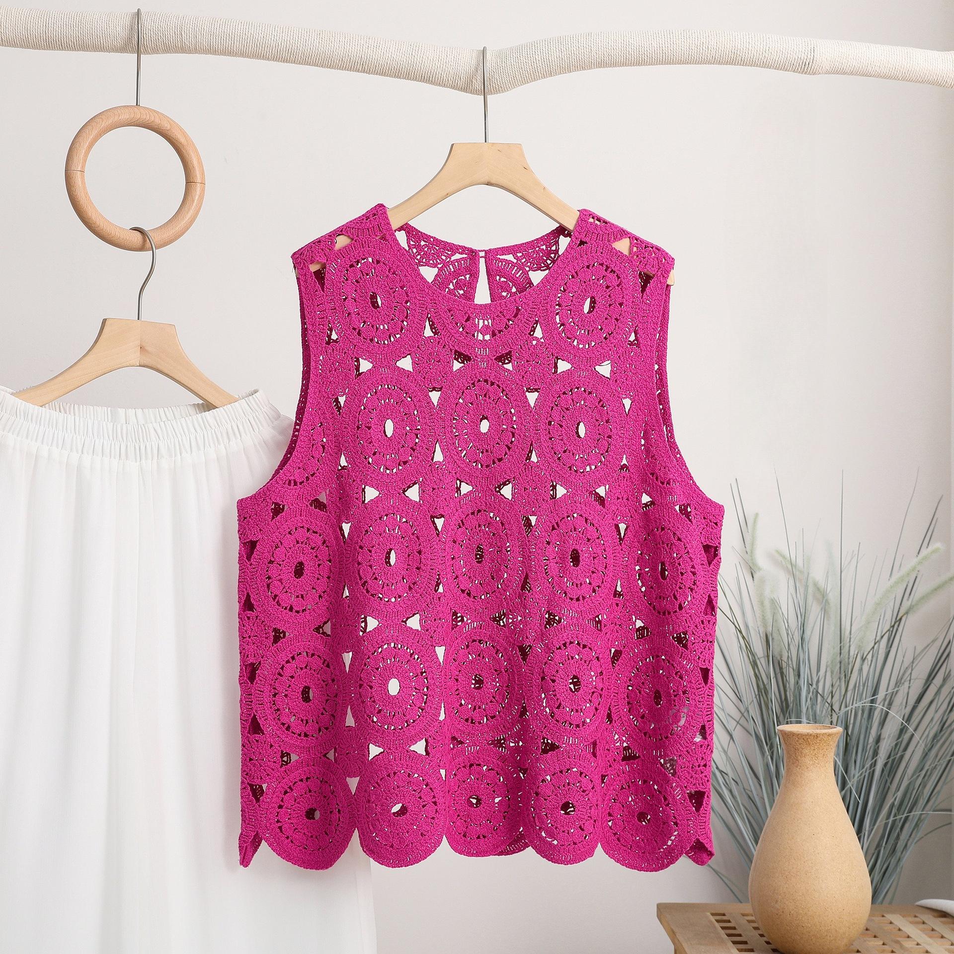 

DIMANAF 2025 Новая футболка женская вязаная кружевная жилетка без рукавов с круглым вырезом ажурный летний стиль базовые топы футболки свободная красная одежда One Size розовый