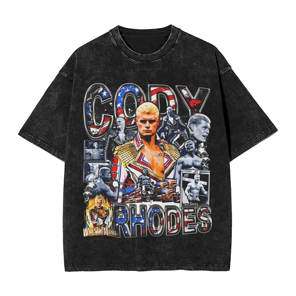 Retro Cody Rhodes Vintage Washed Tshirt Men Cotton Tops Shirts Retro Crewneck Short Sleeve
