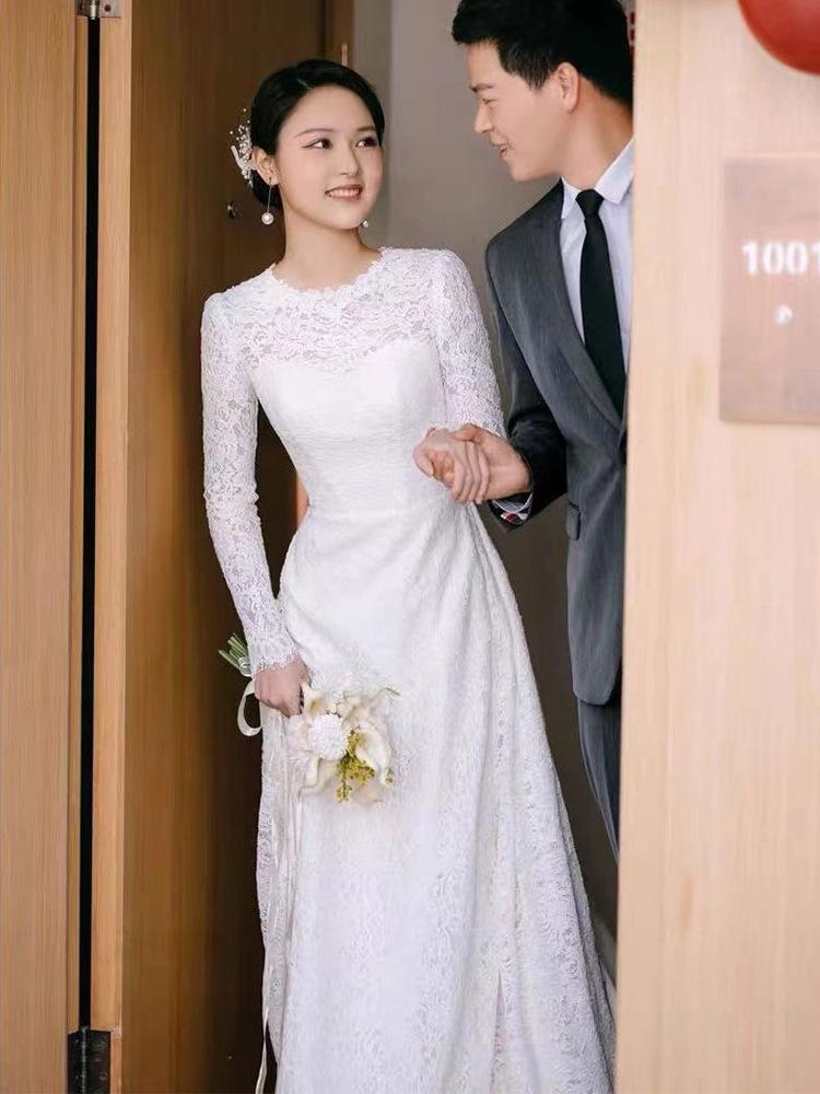 Abito da Sposa in Pizzo Francese 1011 Nuovo Sposa Atmosferico Semplice Manica Lunga Estiva Abito da Uscita Abito da Sposa con Strascico Piccolo
